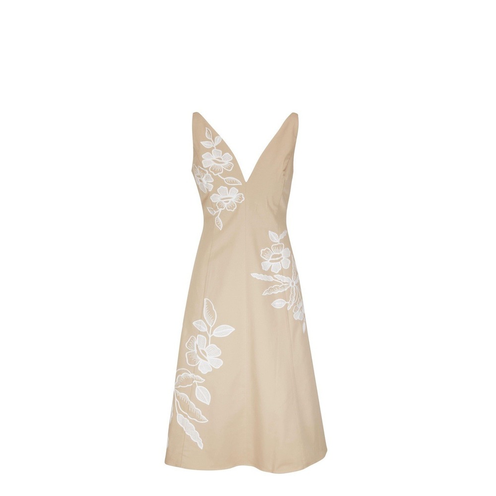 Carolina Herrera Floral Embroidered Tan A-Line Midi Dress Sz 6 Quiet Luxury